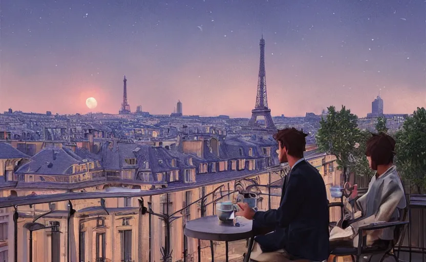 Image similar to elegant man drinking coffee at balcony in france, city with eiffel tower seen behind, late night sunset, city living, detailed characters, by greg rutkowski, alphonse mucha, beeple, sharp focus, digital art, smooth, light refraction, pixiv art, volumetric lighting, makoto shinkai