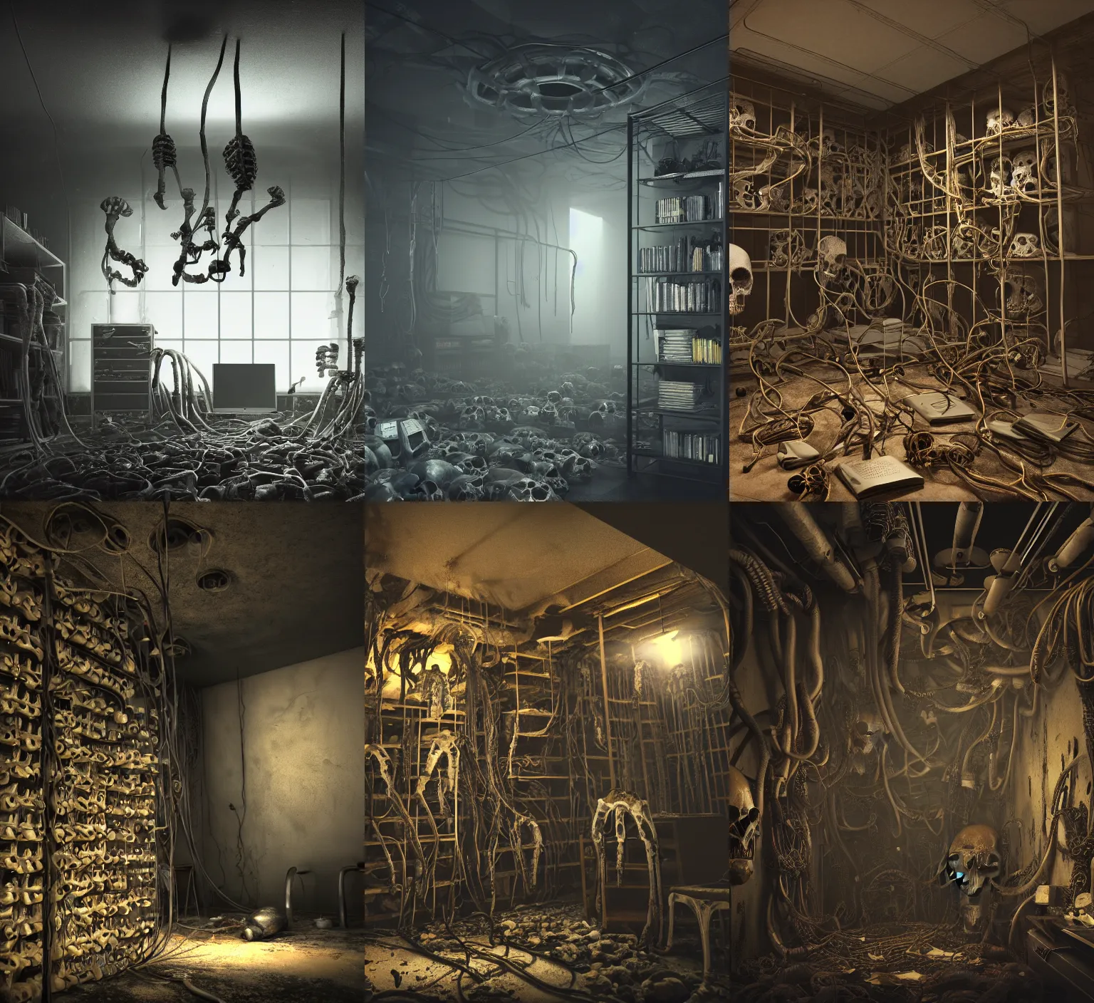 Prompt: creepy low angle shot of a realistically rendered metal room with tubes and cables coming out of a hole in the broken ceiling and a bookshelf filled with skulls on the back wall, dramatic lighting, moody lighting, dark colors, golden ratio, rule of thirds, environmental design, cinematic perspective, 8 k, realistic lighting, realistic shading, octane render