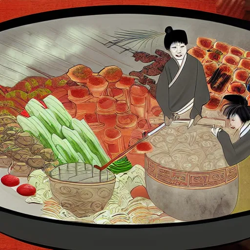 Image similar to chongqing hot pot, digital art, style of traditional chinese painting