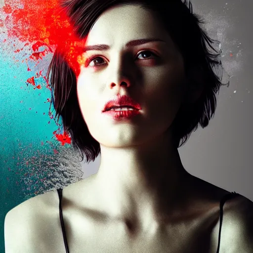 Image similar to women portrait made out of exploding paint, short hair, octane render, highly detailed, comic book art