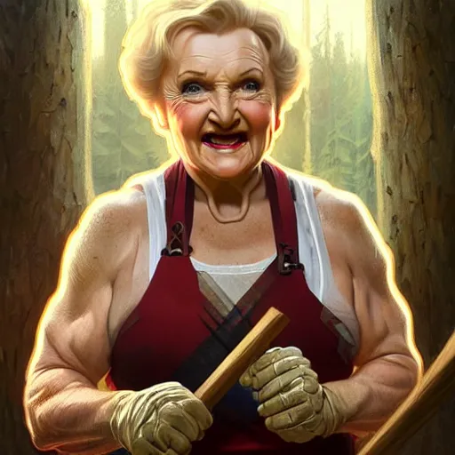 Image similar to a buff and sweaty betty white as a beardless lumberjack chopping wood, intricate, headshot, highly detailed, digital painting, artstation, concept art, sharp focus, cinematic lighting, illustration, art by artgerm and greg rutkowski, alphonse mucha, cgsociety