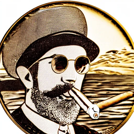 Prompt: A photograph of an unwrapped chocolate coin that is engraved with a young bearded leon redbone smoking a cigar and wearing a greek fisherman's cap, highly detailed, close-up product photo, depth of field, sharp focus, soft lighting