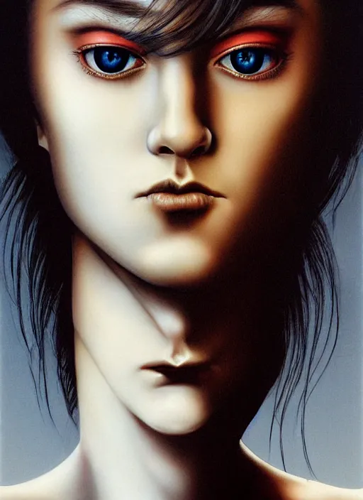 Prompt: beautiful matte airbrush portrait of an androgynous face with big sad eyes crying on a white background, 8 0's airbrush aesthetic, art by pater sato, ayami kojima and yoshitaka amano