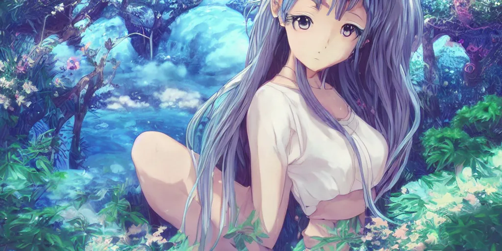 Image similar to anime key visual of a pretty girl with blue flowing hair, wearing sweatpants and a crop top, meditating in a magical fantasy garden, lofi feel, magical, highly detailed, digital art, artstation, smooth, hard focus, illustration, art by artgerm - in the style of final fantasy and studio ghibli