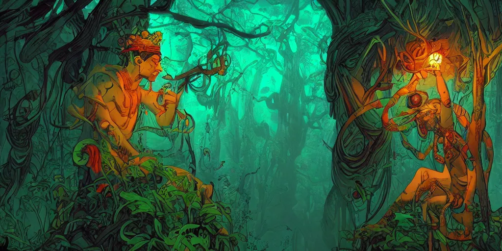 Prompt: 1 6 mm, film, tight shot of subject, a vr shaman rediscovering himself on psychedelics in a mystical glowing forest in the style of juan jimenez, james jean, mike mignola, vibrant colors and hard shadows and strong rim light, perfect details, comic character design, trending on artstation, 3 d render, smooth render, green, wlop