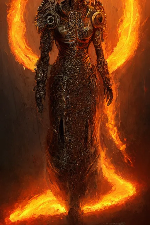 Prompt: Long Worm made of Fire wrapped around the arm of the beautiful fire goddess, ornate dress armor, digital art, trending on artstation, cgsociety, detailed, illustration, professional art by Seb McKinnon