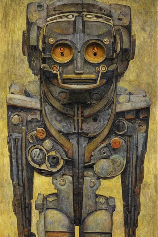 Image similar to an ancient robot with human eyes,by Annie Swynnerton and Diego Rivera, symbolist, dramatic lighting, elaborate geometric ornament, Art Brut, smooth, sharp focus, extremely detailed, Adolf Wölfli