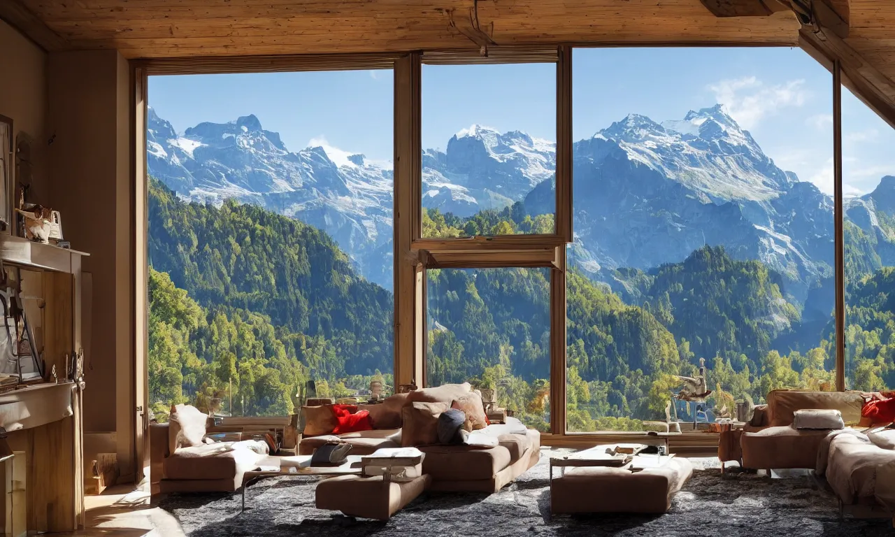 Prompt: fantastical living room with switzerland landscape in the window