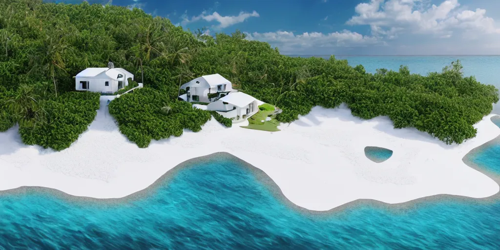 Prompt: hyperrealistic photo of an small island with white beach, water full of fish and a modern house on it