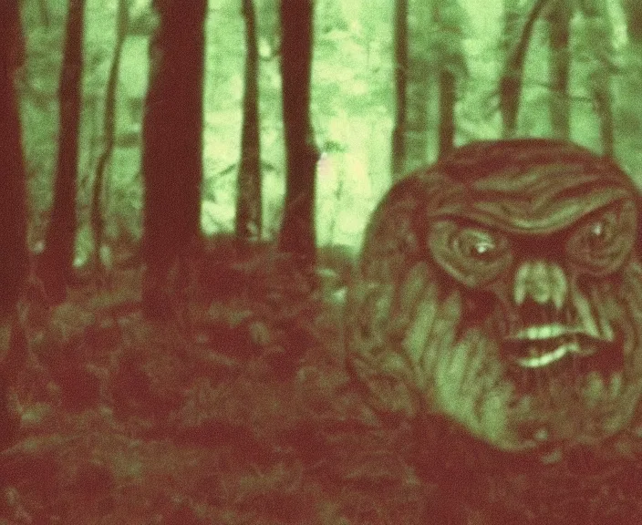 Image similar to a still frame from vhs footage of a creature in a forest, grainy, creature in view, scary, color