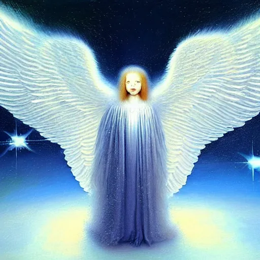 Image similar to highdetailed hyperrealistic painting of white angel!!! no gender!!!, giant ball of miracle light from the chest!!!!!, white sparkles everywhere, 4 k hd fur face!!!, big wings, by jan van eyck, holography space, glow effect, large strokes, white monochrome color!!!!!