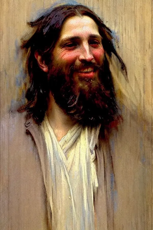 Image similar to impressionist brushstrokes!!!!!!!!! solomon joseph solomon and richard schmid and jeremy lipking victorian loose genre loose painting full length portrait painting of jesus with a slight smile happy inviting