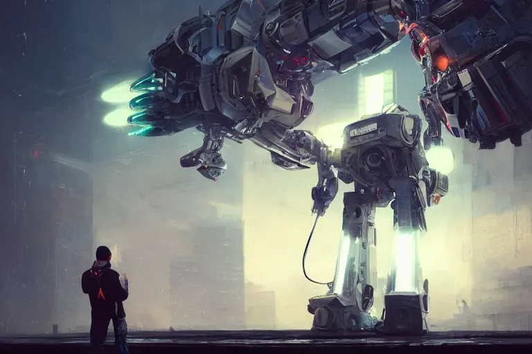 Image similar to A pilot looking up at a gigantic mecha, made of high tech materials, metal parts, hydraulics, glowing leds, japanese decals, cinematic rendering by Greg Rutkowski, Organic Painting, Matte Painting, geometric shapes, hard edges, street art, concept art, trending on the artstation