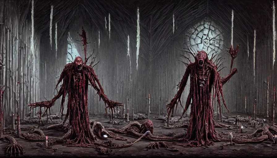 Prompt: a dark rotting alien priest conducts a ceremony, alien church, blood, crosses, religion, death, fear, horror, ultra realistic, hyperrealism, fine details, detailed and intricate environment, by barlowe, by wayne, by gigger, 4 k