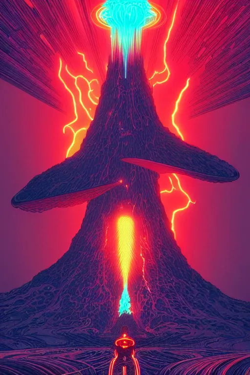 Image similar to artwork by kilian eng and toshi yoshida and franklin booth showing a futuristic powerstation!! in front of a ( ( exploding volcano ) ), in the style of tron, vintage scifi, high details, dramatic lightning,, 8 k