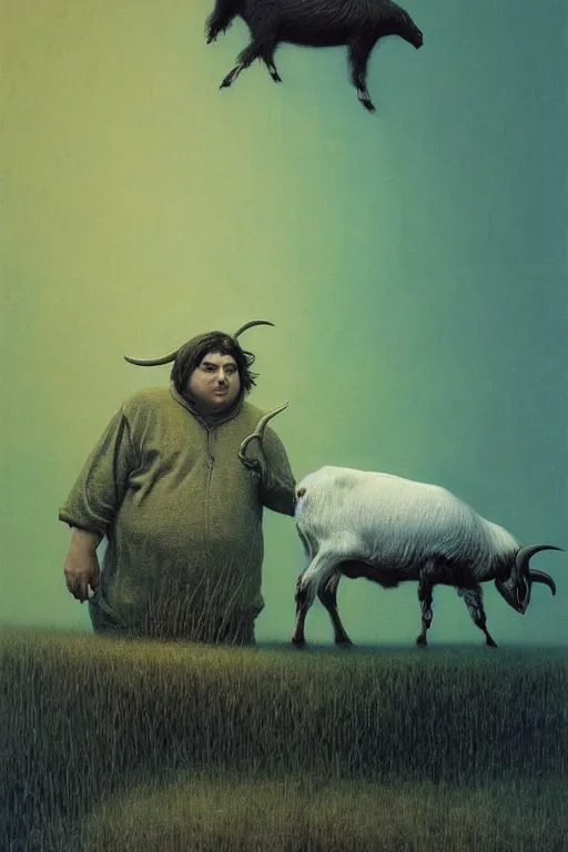 Image similar to painting of hybrid between human andy milonakis and a goat, by zdzislaw beksinski, by tiffany bozic, cold hue's, warm tone gradient background, concept art, beautiful composition, digital painting