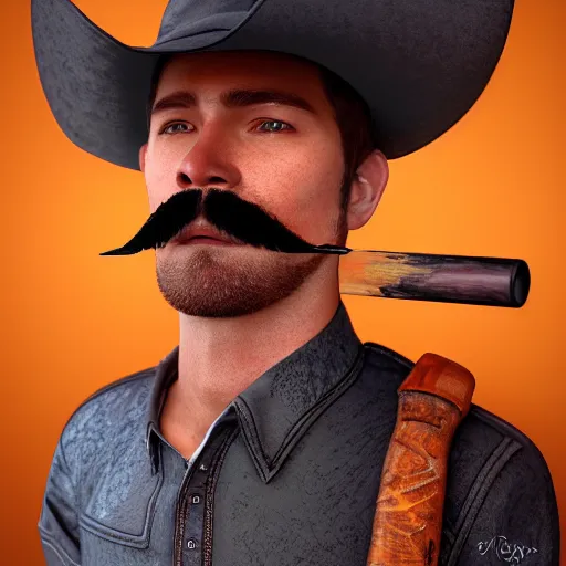 Image similar to Photorealistic cowboy with a bat as a moustache. Hyperdetailed photorealism, 108 megapixels, amazing depth, glowing rich colors, powerful imagery, psychedelic Overtones, 3D finalrender, 3d shading, cinematic lighting, artstation concept art