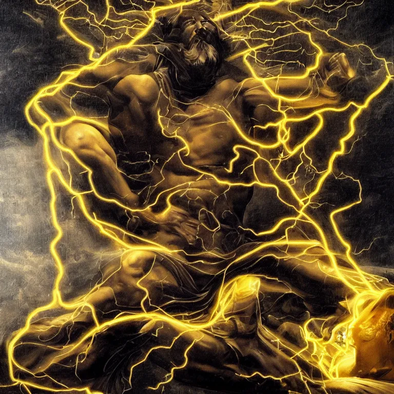 Prompt: mythological god of thunder and artificial intelligence creating an artificial neural network with dark yellow synapses on an anvil, high resolution, award winning art, trending on art station, sharp image, incredibly detailed, god of thunder detailed character realistic painting, painting by caravaggio