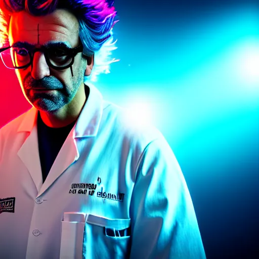 Image similar to portrait of rick sanchez, lab coat and tee shirt, lens flare, atmosphere, glow, detailed, intricate, full of colour, cinematic lighting, 4 k, hyperrealistic, focused, extreme details, cinematic, masterpiece