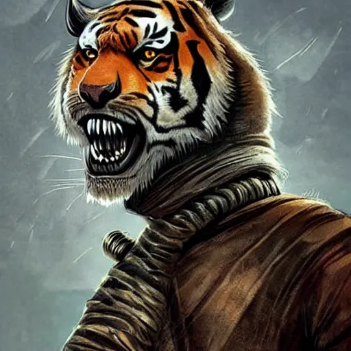 Prompt: A tiger dressed like in Mad Max in the style of a DnD character portrait, concept art