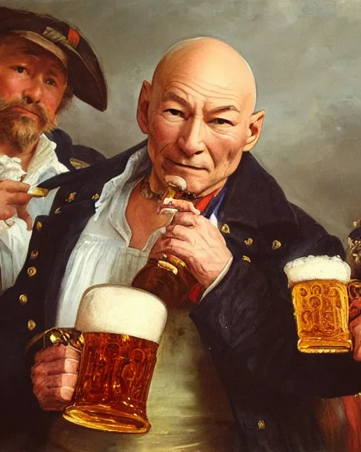 Image similar to a painting of patrick stewart holding a mug of beer at the oktoberfest, a detailed painting by konstantin makovsky and by jan matejko and by nikolay makovsky, shutterstock contest winner, german romanticism, detailed painting, oil on canvas, wimmelbilder