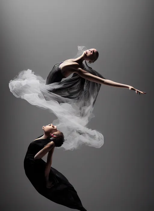 Image similar to a Photorealistic dramatic hyperrealistic render of a glamorous beautiful Female smoke dancer by Ken Brower and Deborah Ory of NYC Dance project,Lois Greenfield,Flowing cloth and smoke,Beautiful dynamic dramatic dark moody lighting,volumetric,shadows,cinematic atmosphere,Octane render,8K