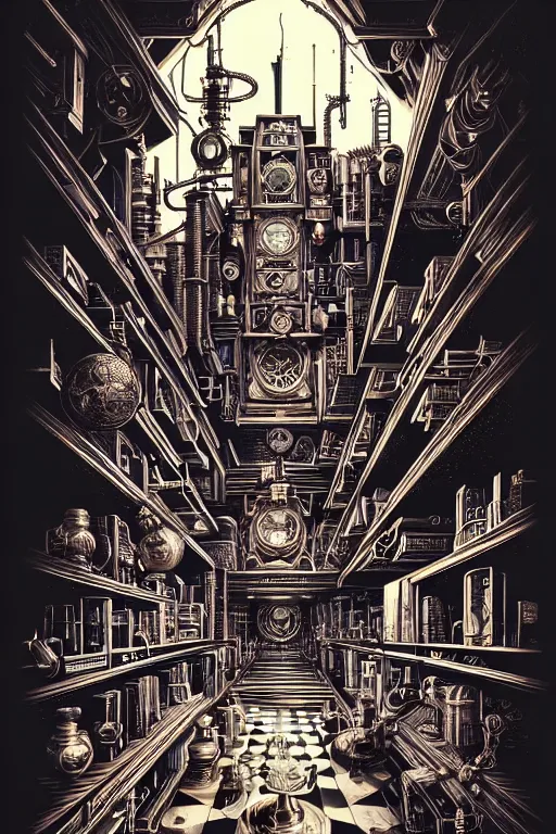 Image similar to a majestic steampunk alchemists bookshelf, two point perspective, furniture, high details, bold line art, by vincent di fate and joe fenton, inking, etching, screen print, masterpiece, trending on artstation, sharp, high contrast, hyper - detailed,, hd, 4 k, 8 k