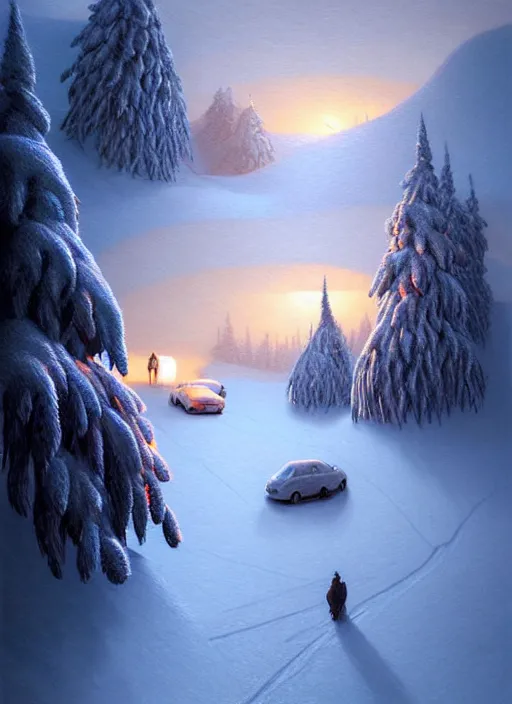 Prompt: winter evenings in the low - poly hills, diffuse lighting, intricate, surrealism!!!!!!!, highly detailed, lifelike, photorealistic, digital painting, artstation, illustration, surreal concept art, smooth, sharp focus, by greg rutkowski, chris tulloch mccabe, valentina remenar and asher duran,