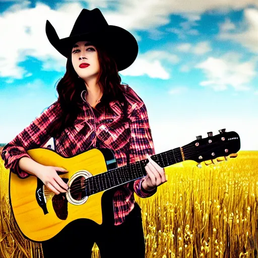 Image similar to a female fluffy anthropomorphic fox animal, head of fox, wearing cowboy hat, wearing plaid shirt, playing guitar, in a field, barn in background, album cover style