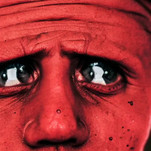 Image similar to extreme closeup of sweaty red person, wideangle