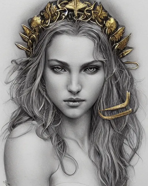 Prompt: beautiful aphrodite greek goddess wearing a golden laurel wreath and arrowhead earrings, hyper - realistic pencil drawing, beautiful piercing eyes with sharp pupils, beautiful blonde hair, in the style of greg rutkowski, fantasy, amazing detail, epic, elegant, smooth, sharp focus