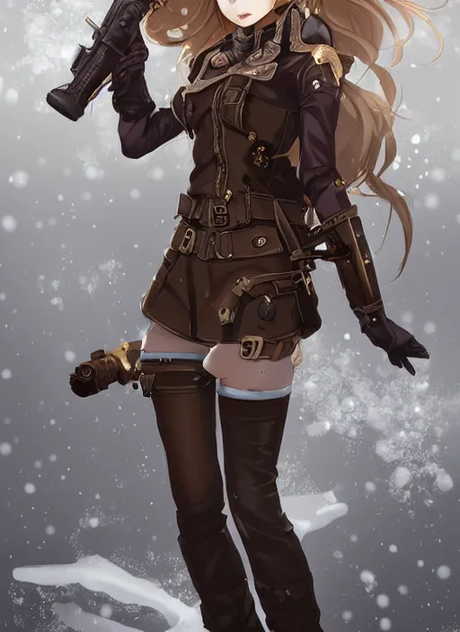 Prompt: girl with steampunk weapons and uniform, serious, intense, finely detailed, made by artgerm, ross tran, full body portrait, illustration, snow, snowing, cloudy, anime, side view, perfect anime face, realistic face, zoomed out, smooth, brown eyes, high waisted shorts, sharp focus