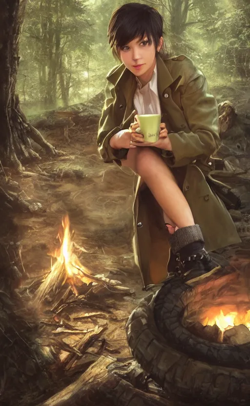 Image similar to a girl from final fantasy live action, with short black hair and green eyes in a tan trenchcoat sitting on a log and drinking tea by the campfire by her dieselpunk motorcycle at night, award winning, masterpiece digital painting by greg rutkowski, alex grey, artstation, 4 k wallpaper