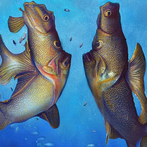 Image similar to two cods talking to eachother in deep sea, art by mark arian
