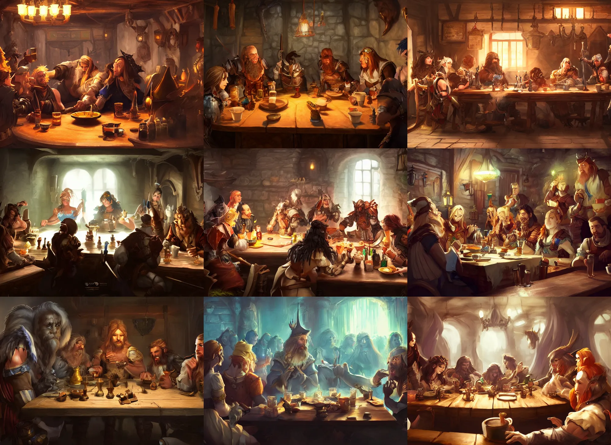 Prompt: fantasy characters crowding around a table in a tavern, ambient light, digital art, trending on artstation