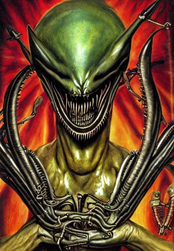 Image similar to subgenius, x - day, weird stuff, occult stuff, knives, colorful giger ’ s xenomorph, illuminati, gem tones, hyperrealism, stage lighting