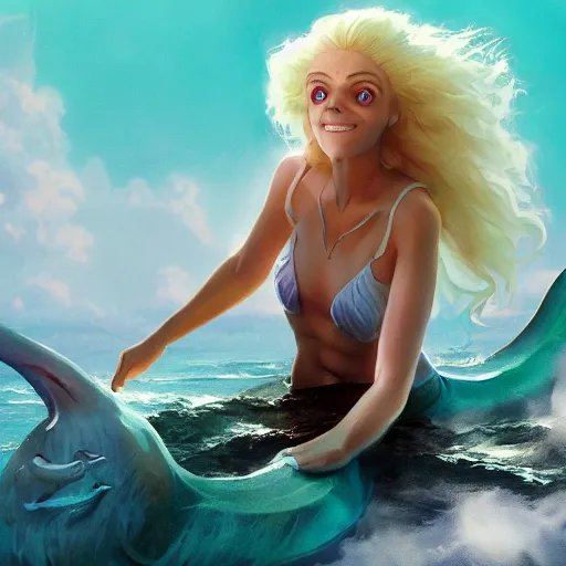 Image similar to doc brown as arielle the mermaid in water, studio ghibli, disney animation, sharp, anime key art by greg rutkowski, bloom, dramatic lighting