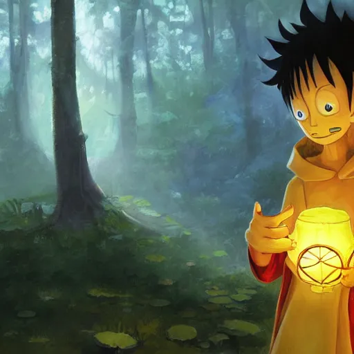 Image similar to concept art painting of an anthropomorphic luffy wearing a yellow cloak, holding a lantern, in the deep forest, realistic, detailed, cel shaded, in the style of by isaac asimov and marc simonetti and makoto shinkai and greg rutkowski and james gurney