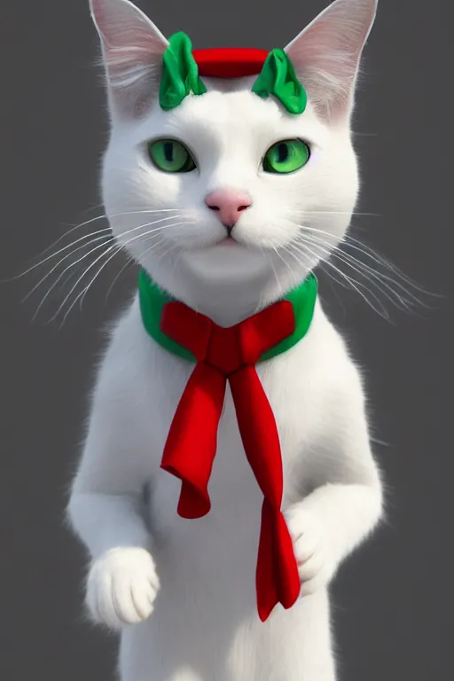 Image similar to a white cat with blue eyes wearing a red and green formal overcoat, hyperrealistic, concept art, octane render, unreal engine 5, realistic and defined face, profile picture, digital art, pixar and disney style, symmetrical, high quality, highly detailed, high coherence, path traced, house background, low contrast, beautiful