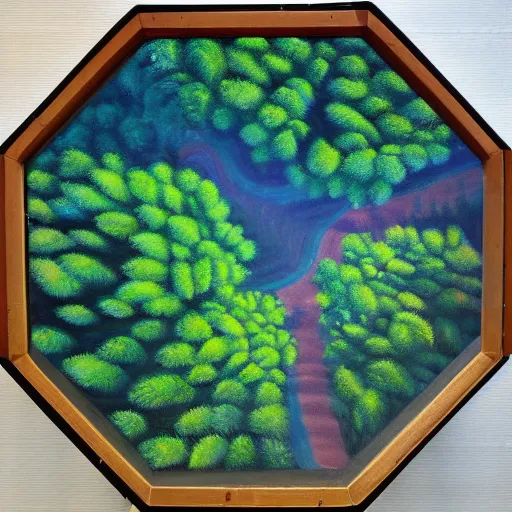 Image similar to a beautiful painting of a forest top down view on a hexagon chit