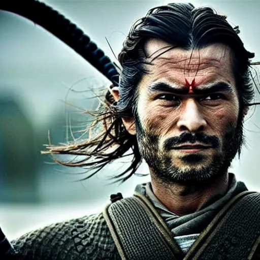 Image similar to handsome and strong kurdish!!!! samurai in a movie directed by christopher nolan, movie still frame, promotional image, imax 7 0 mm footage, perfect symmetrical facial features