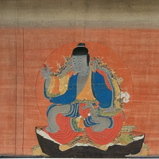 Prompt: found footage of a goryeo Buddhist painting representing a giant monster eating metal
