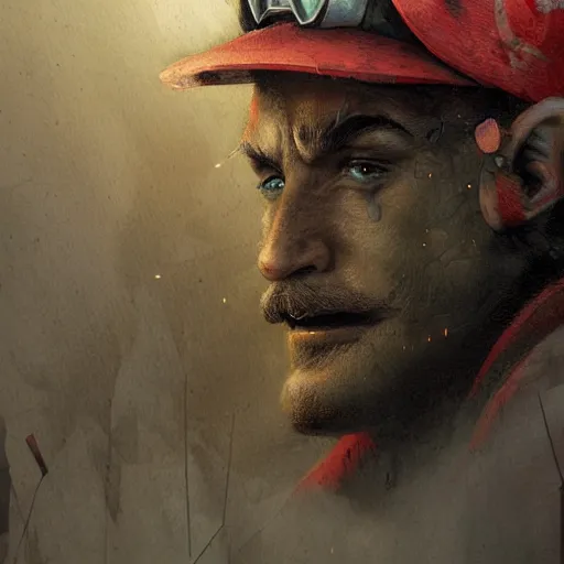 Prompt: A apocalyptic Mario(From mario), Illustration, By Greg Rutkowski,close up,highly detailed