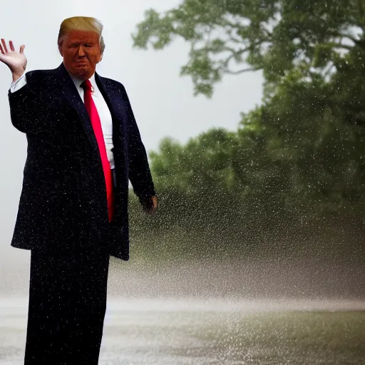 Image similar to 4 k hdr full body wide angle sony portrait of donald trump showering in a rainstorm with moody stormy overcast lighting