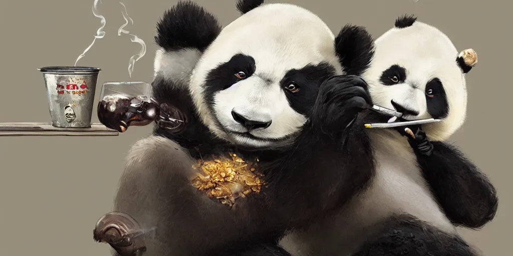 Prompt: Anthropomorphic panda smoking weed by Greg Rutkowski, Sung Choi, Mitchell Mohrhauser, trending on artstation, fine details