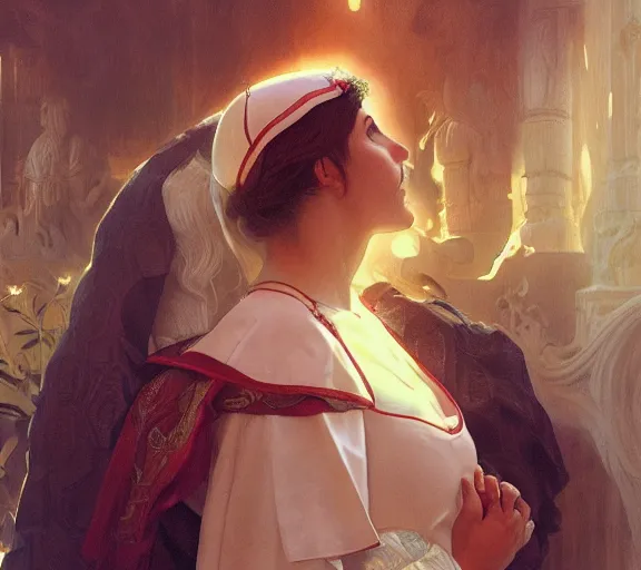 Image similar to photography of a pope kissing the breast of a sensual woman, deep focus, intricate, elegant, highly detailed, digital painting, artstation, concept art, matte, sharp focus, illustration, art by artgerm and greg rutkowski and alphonse mucha