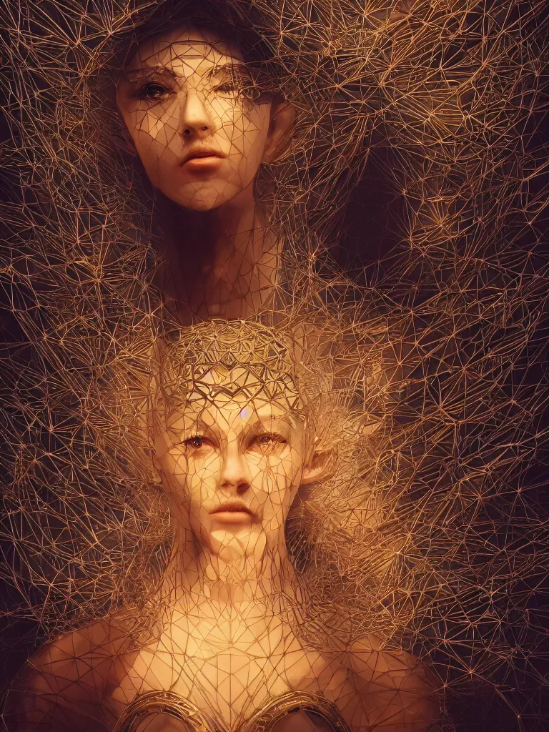 Image similar to a photo of her a mystical goddess woman covered in modular synthesizer parts surrounded by sacred geometry made from elven architecture, full body, perfect face, powerful, cinematic, beautifully lit, by ross tran, by karol bak, 3 d, octane render, 8 k