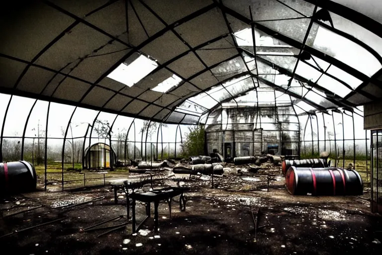 Image similar to post apocalyptic over grown indoor leisure centre shelter, night time, barrel fires and tents, dystopian, dirty