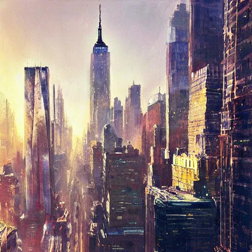 Image similar to new york skyline, 1 9 7 0 s scifi art style, flying cars, jeremy mann painting