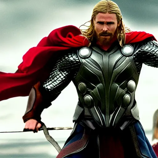 Image similar to Christian Bale as Thor, cinematic film still